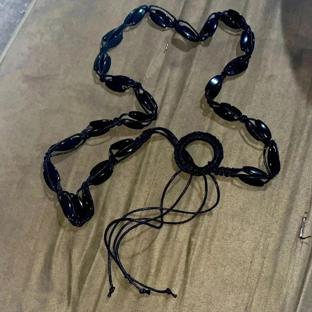 Vintage boho beaded macrame black belt